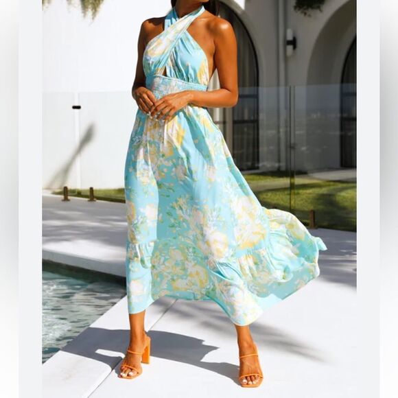 Crossover halter neckline Backless style with nape tie Boho Floral Dress - Picture 1 of 9